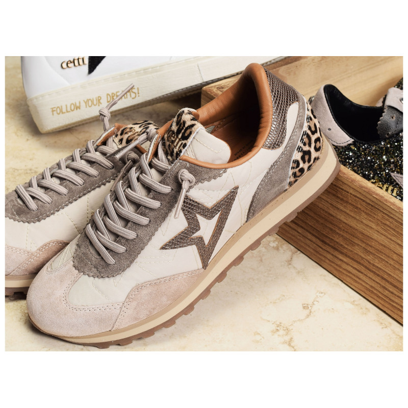 C1259 W Beige Léopard, Baskets running Cetti
