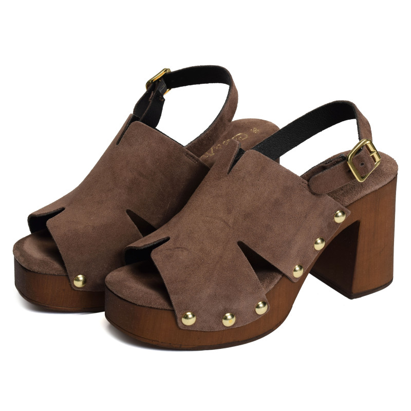 CARBINI Chocolat, Nu-Pieds à talon Coco & Abricot