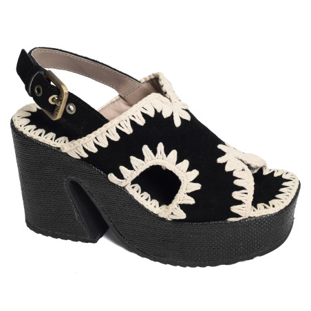 RAFFIA PLATFORM WITH BACK STRA Noir, Nu-Pieds à talon Mou