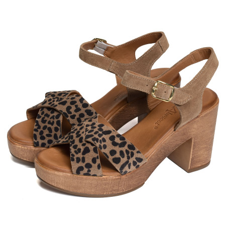 MUSIEGES Taupe Léopard, Nu-Pieds à talon Coco & Abricot
