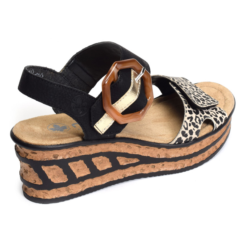68176 Noir Léopard, Sandales compensées Rieker