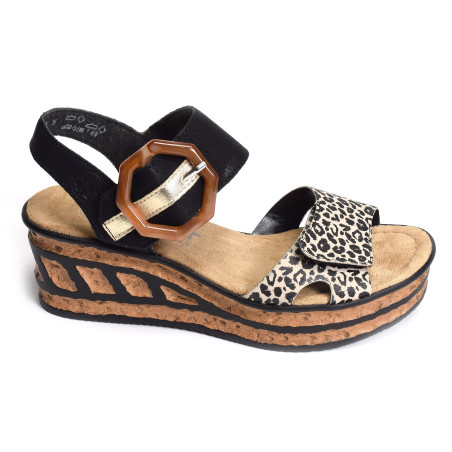 68176 Noir Léopard, Sandales compensées Rieker