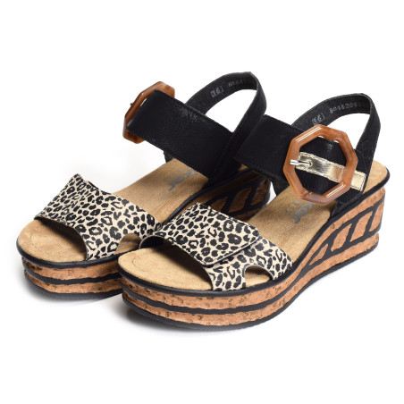 68176 Noir Léopard, Sandales compensées Rieker