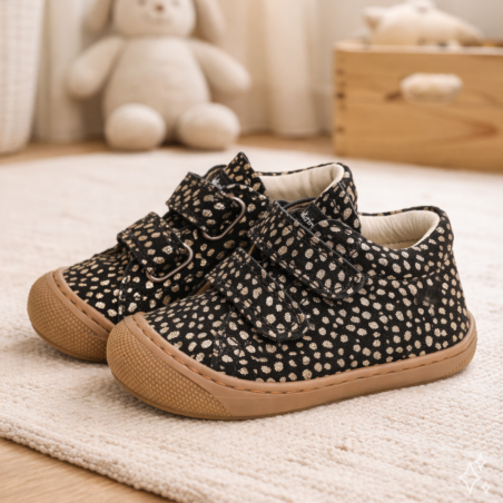 COCOON GIRL VELCRO VELOURS Noir Or, Chaussures à Scratch Naturino