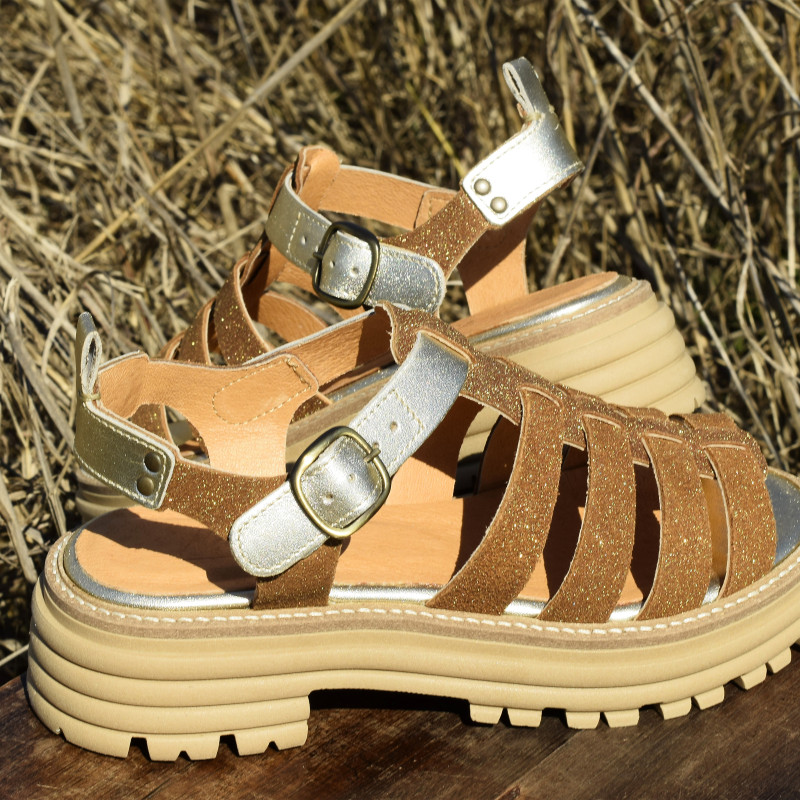 KANSAS Marron Or, Nu-Pieds à plateforme Minka