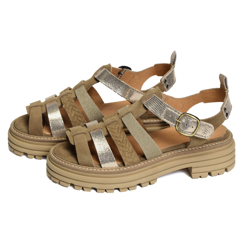 KARINA Taupe Or, Nu-Pieds à plateforme Minka