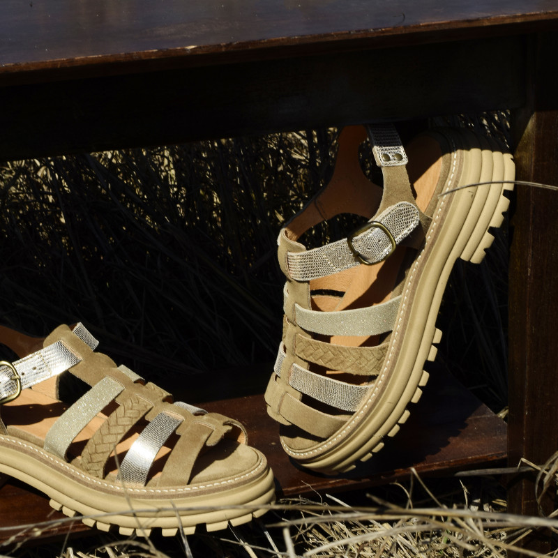 KARINA Taupe Or, Nu-Pieds à plateforme Minka