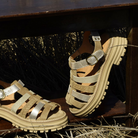 KARINA Taupe Or, Nu-Pieds à plateforme Minka