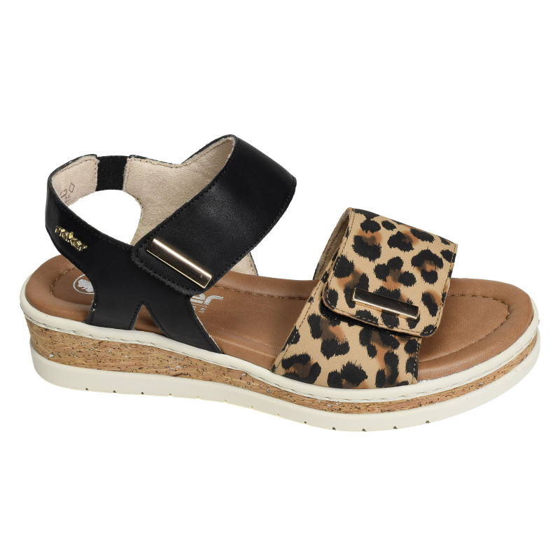 V4181 Noir Léopard, Sandales compensées Rieker