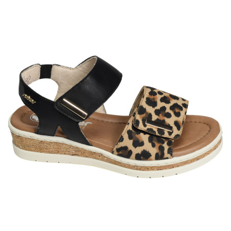 V4181 Noir Léopard, Sandales compensées Rieker