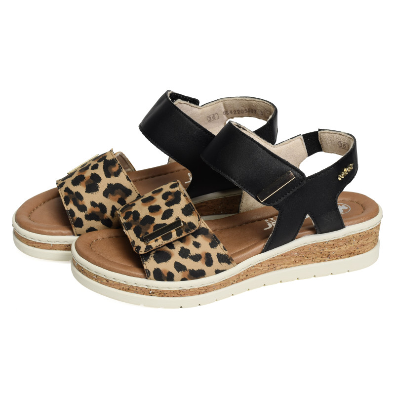 V4181 Noir Léopard, Sandales compensées Rieker