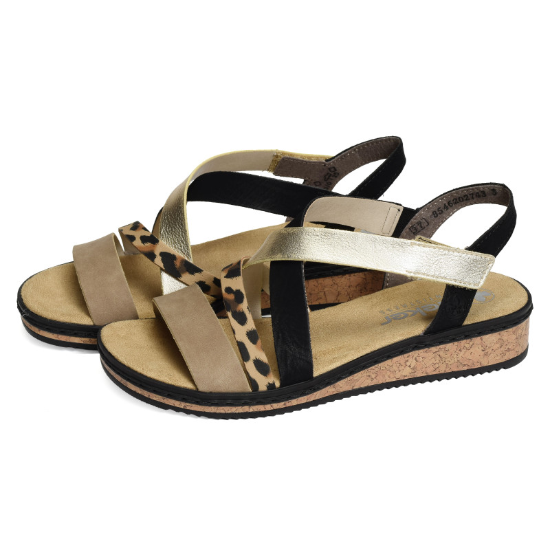 V3663 Noir Léopard, Sandales compensées Rieker